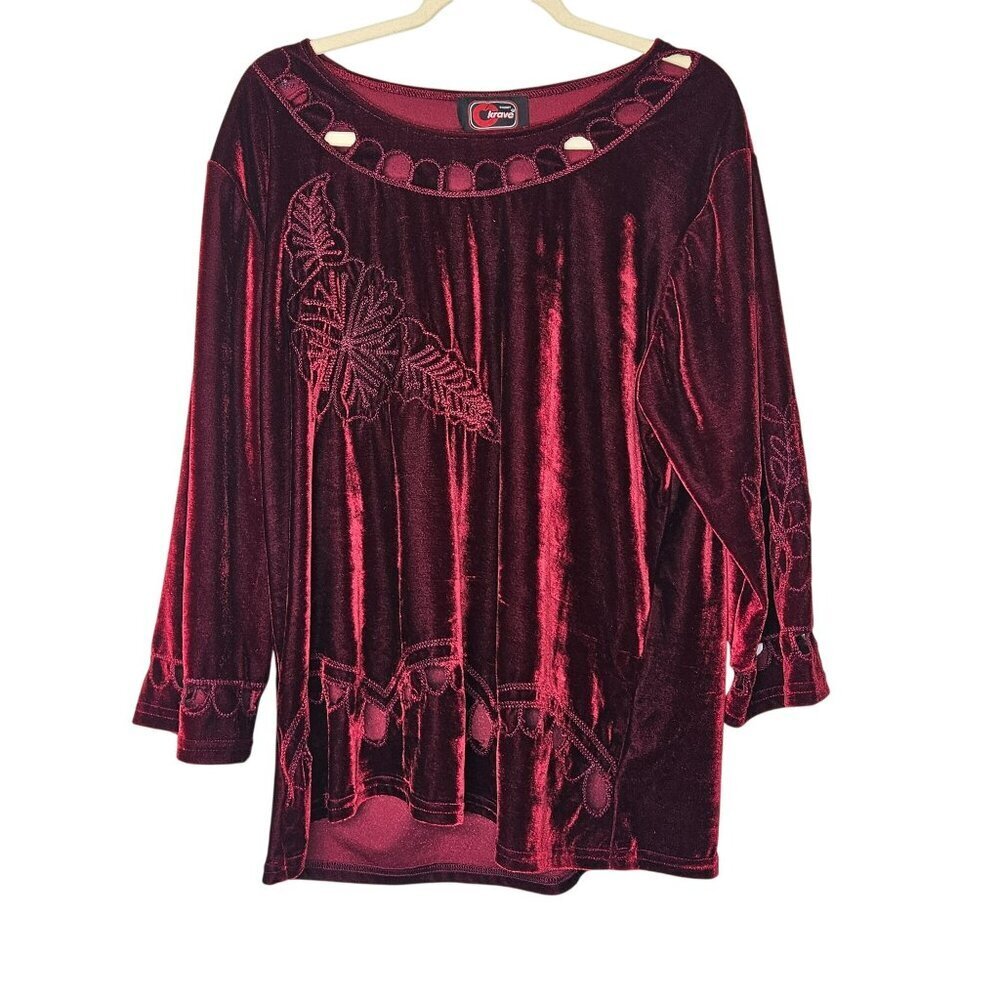 Krave Cherry Red Velvet Floral Embroidered Long Sleeve Tunic XL Vintage 90s Vamp